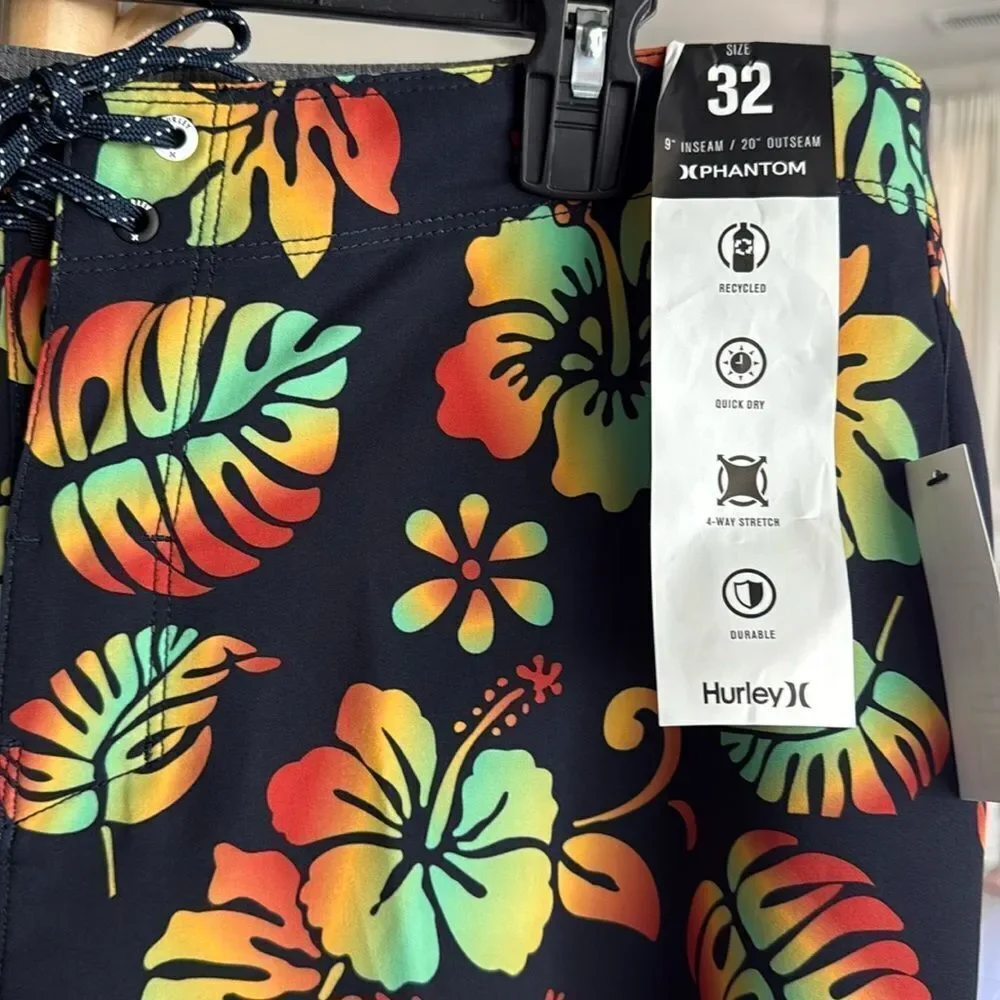 NWT Hurley Board Shorts Swim Phantom Quick Dry 4 Way Stretch Tropical Black 32